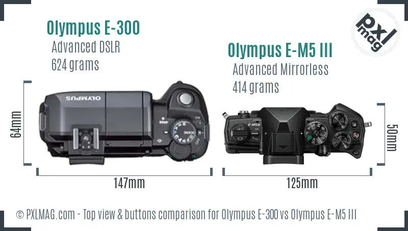 Olympus E-300 vs Olympus E-M5 III top view buttons comparison