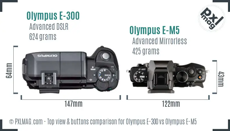 Olympus E-300 vs Olympus E-M5 top view buttons comparison
