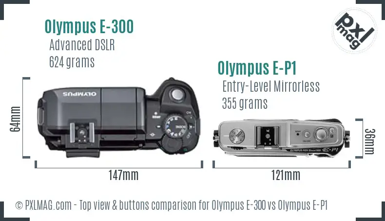 Olympus E-300 vs Olympus E-P1 top view buttons comparison
