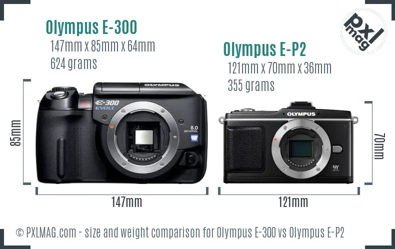 Olympus E-300 vs Olympus E-P2 size comparison