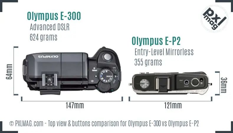 Olympus E-300 vs Olympus E-P2 top view buttons comparison