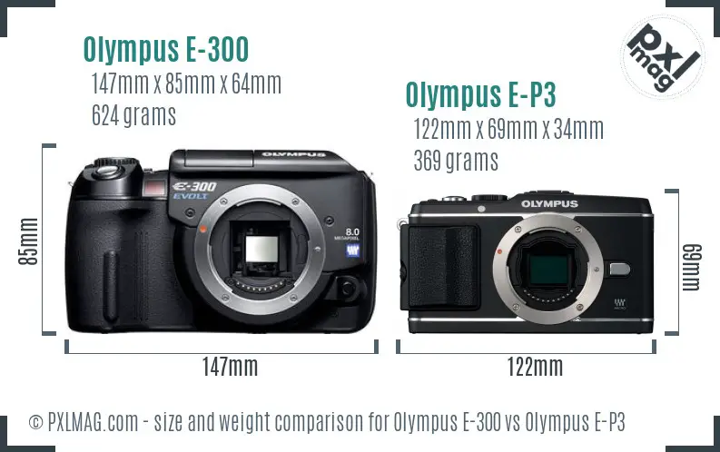 Olympus E-300 vs Olympus E-P3 size comparison