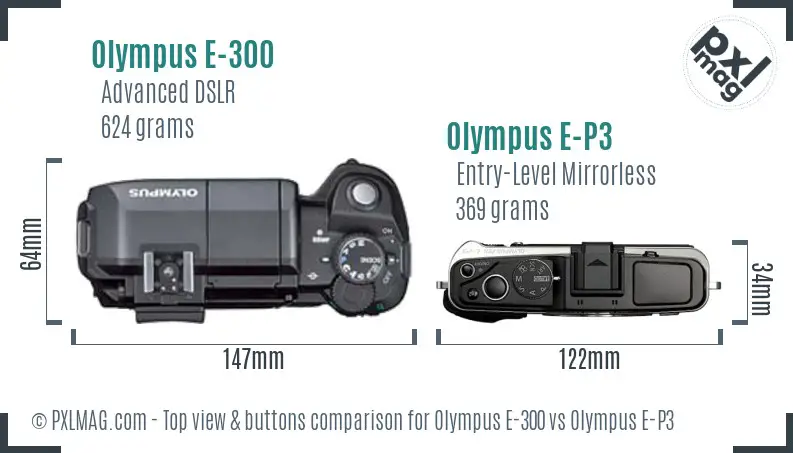 Olympus E-300 vs Olympus E-P3 top view buttons comparison