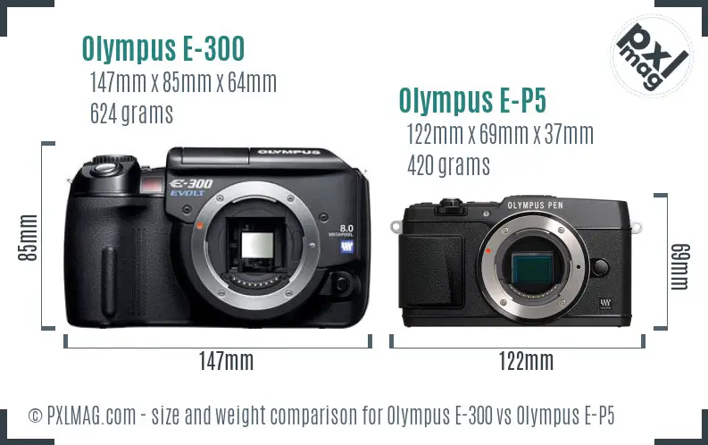 Olympus E-300 vs Olympus E-P5 size comparison