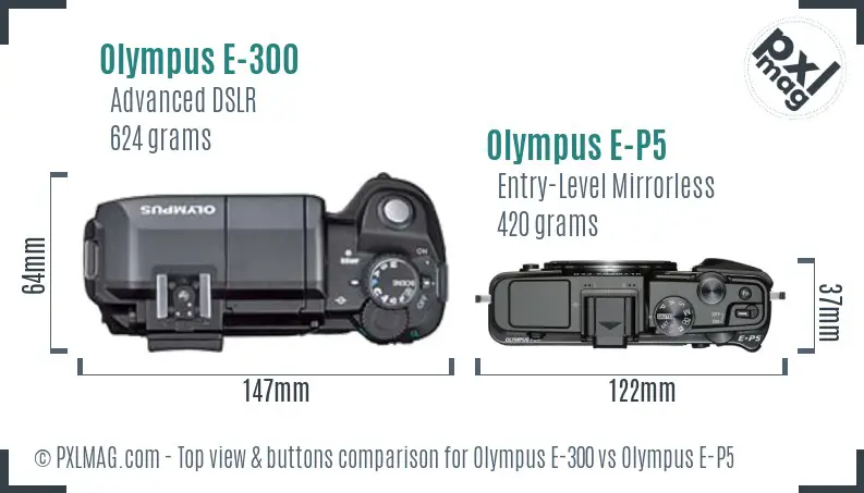 Olympus E-300 vs Olympus E-P5 top view buttons comparison