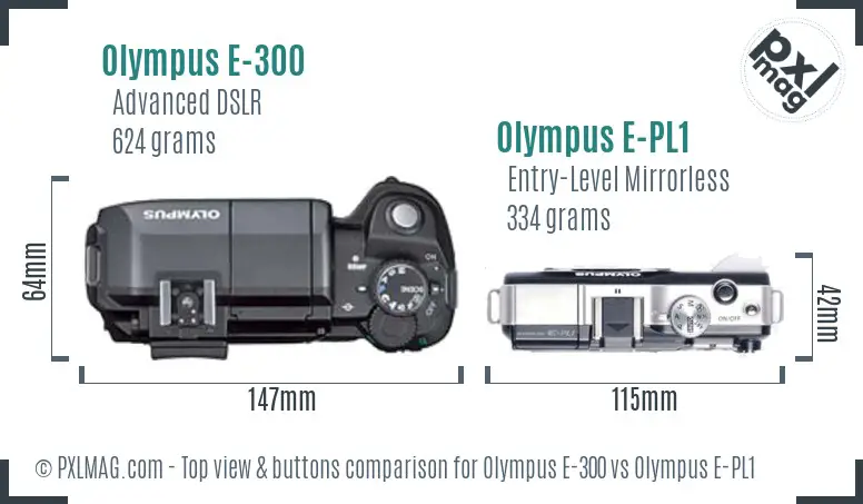 Olympus E-300 vs Olympus E-PL1 top view buttons comparison