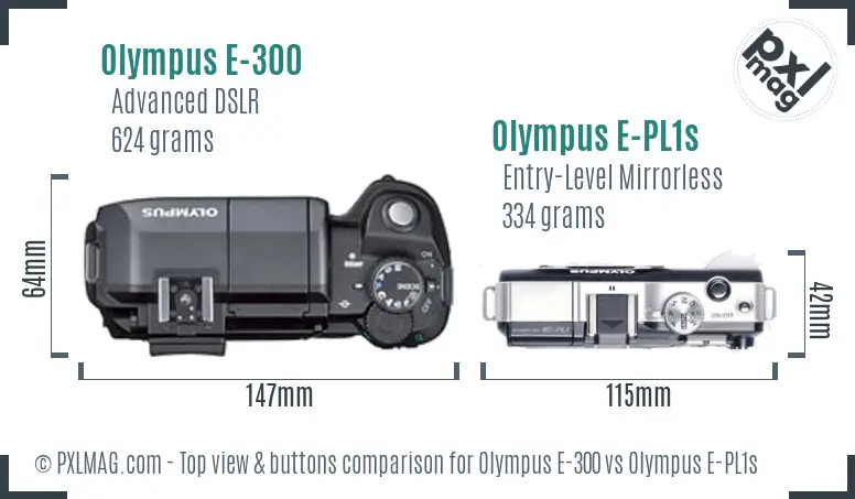 Olympus E-300 vs Olympus E-PL1s top view buttons comparison