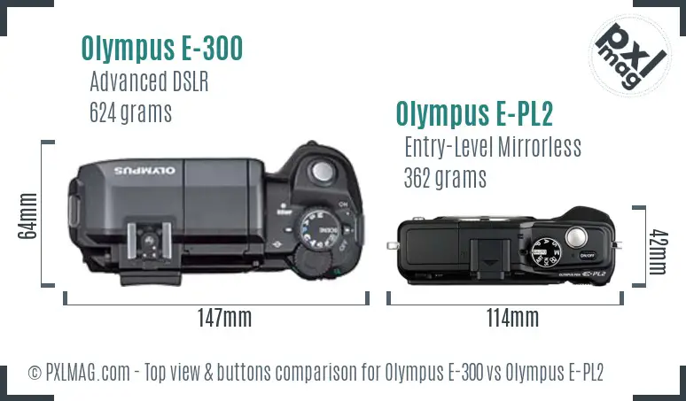 Olympus E-300 vs Olympus E-PL2 top view buttons comparison