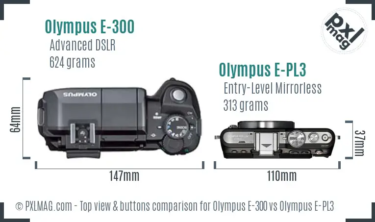 Olympus E-300 vs Olympus E-PL3 top view buttons comparison