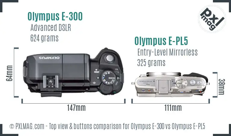 Olympus E-300 vs Olympus E-PL5 top view buttons comparison