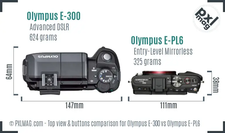 Olympus E-300 vs Olympus E-PL6 top view buttons comparison