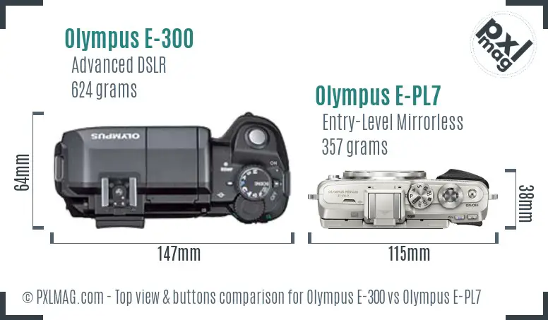 Olympus E-300 vs Olympus E-PL7 top view buttons comparison