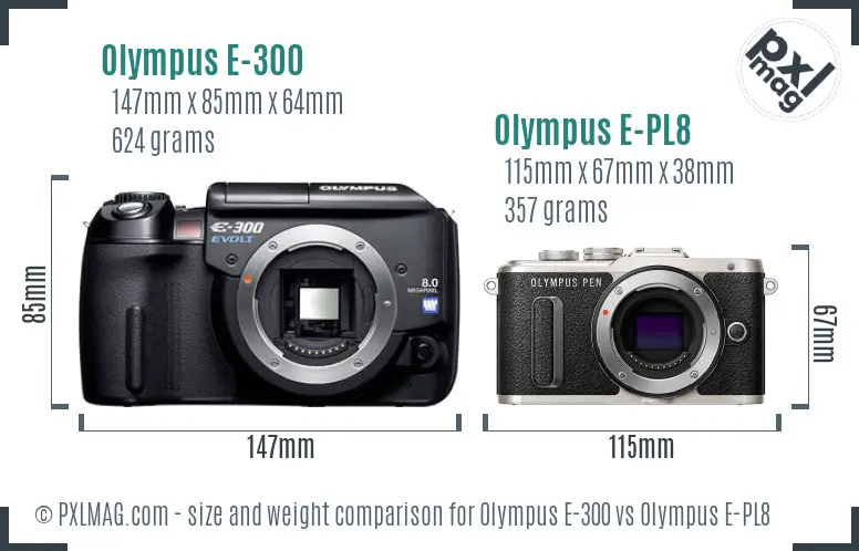 Olympus E-300 vs Olympus E-PL8 size comparison