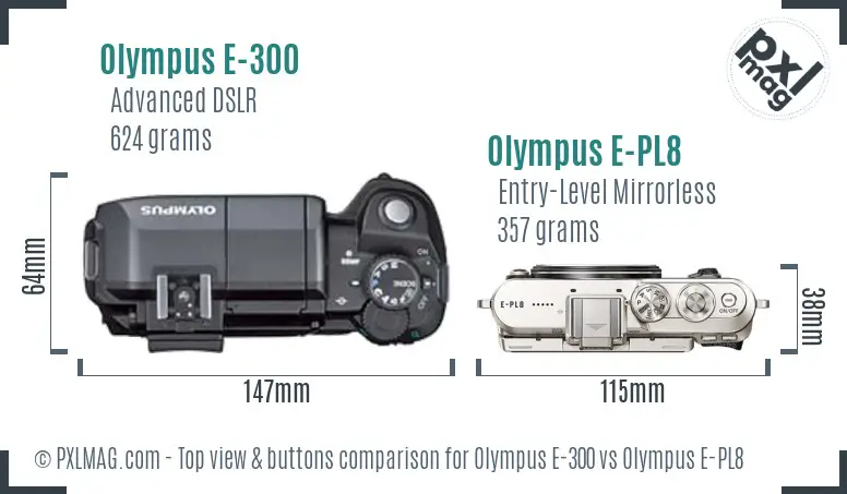 Olympus E-300 vs Olympus E-PL8 top view buttons comparison