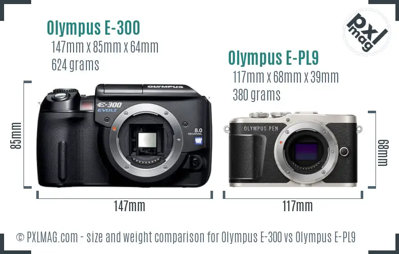 Olympus E-300 vs Olympus E-PL9 size comparison