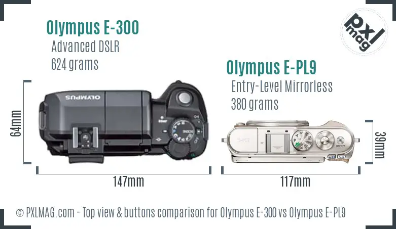 Olympus E-300 vs Olympus E-PL9 top view buttons comparison