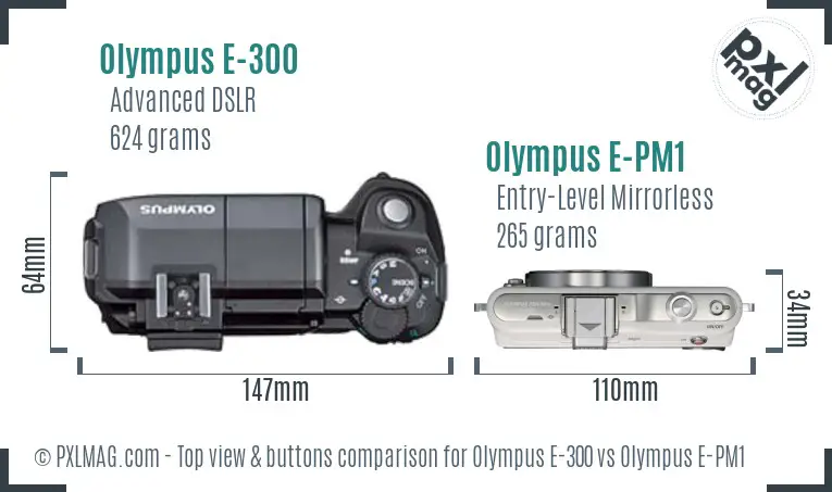 Olympus E-300 vs Olympus E-PM1 top view buttons comparison