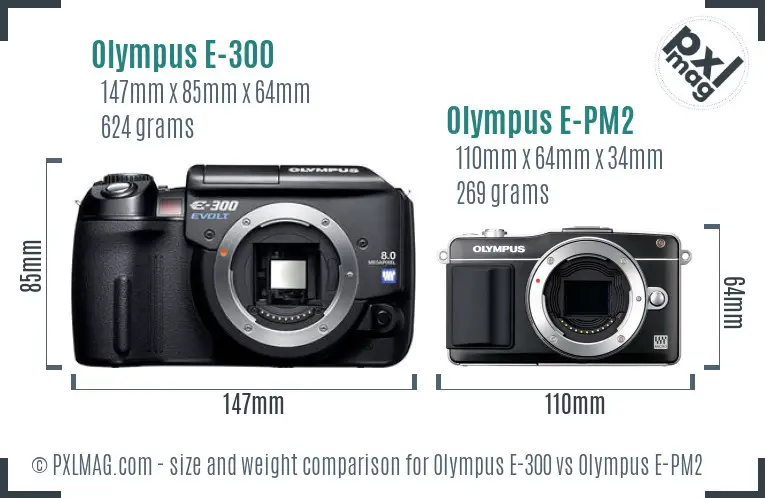 Olympus E-300 vs Olympus E-PM2 size comparison