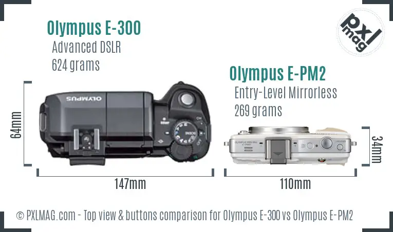 Olympus E-300 vs Olympus E-PM2 top view buttons comparison