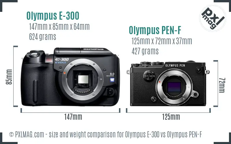 Olympus E-300 vs Olympus PEN-F size comparison