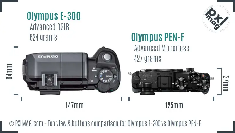 Olympus E-300 vs Olympus PEN-F top view buttons comparison
