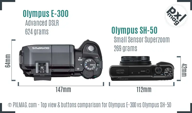 Olympus E-300 vs Olympus SH-50 top view buttons comparison