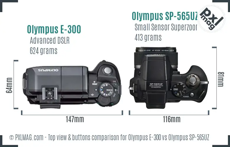 Olympus E-300 vs Olympus SP-565UZ top view buttons comparison