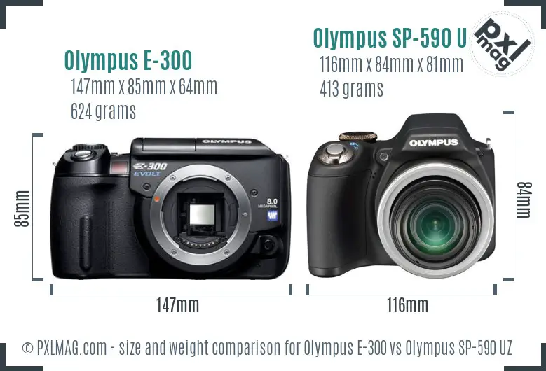 Olympus E-300 vs Olympus SP-590 UZ size comparison