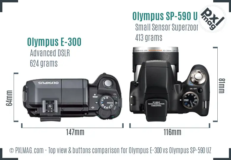 Olympus E-300 vs Olympus SP-590 UZ top view buttons comparison