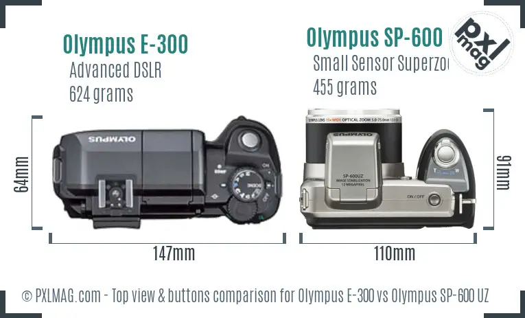 Olympus E-300 vs Olympus SP-600 UZ top view buttons comparison