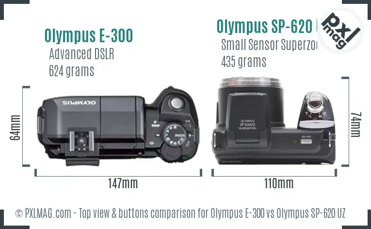 Olympus E-300 vs Olympus SP-620 UZ top view buttons comparison
