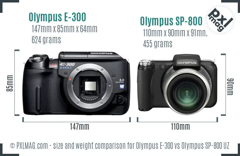 Olympus E-300 vs Olympus SP-800 UZ size comparison