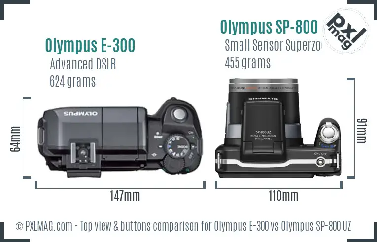Olympus E-300 vs Olympus SP-800 UZ top view buttons comparison