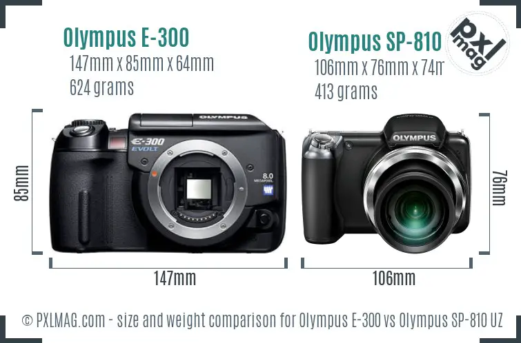 Olympus E-300 vs Olympus SP-810 UZ size comparison