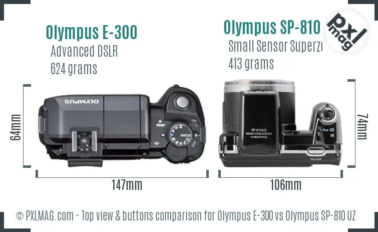 Olympus E-300 vs Olympus SP-810 UZ top view buttons comparison