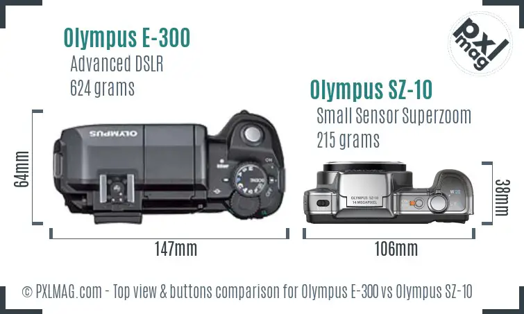 Olympus E-300 vs Olympus SZ-10 top view buttons comparison