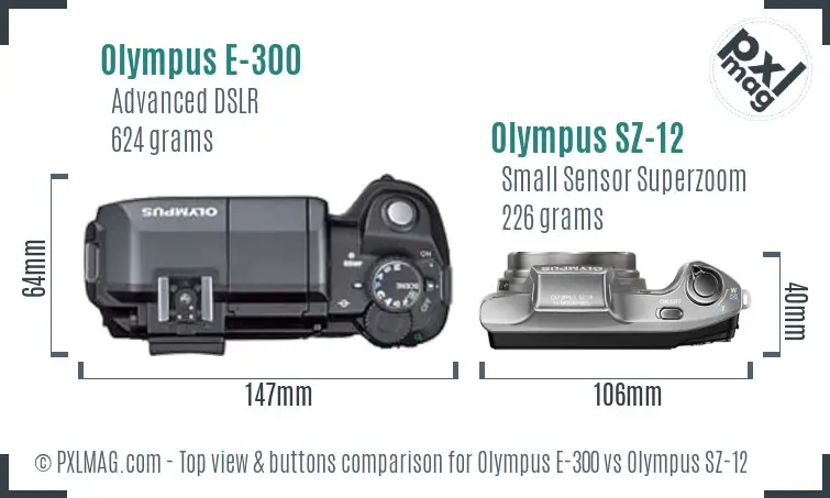 Olympus E-300 vs Olympus SZ-12 top view buttons comparison