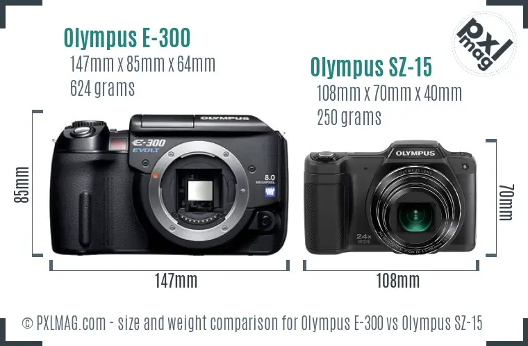 Olympus E-300 vs Olympus SZ-15 size comparison