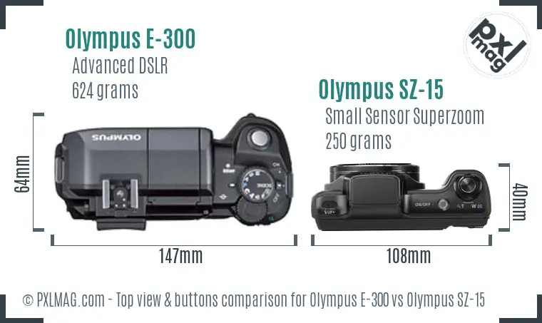 Olympus E-300 vs Olympus SZ-15 top view buttons comparison