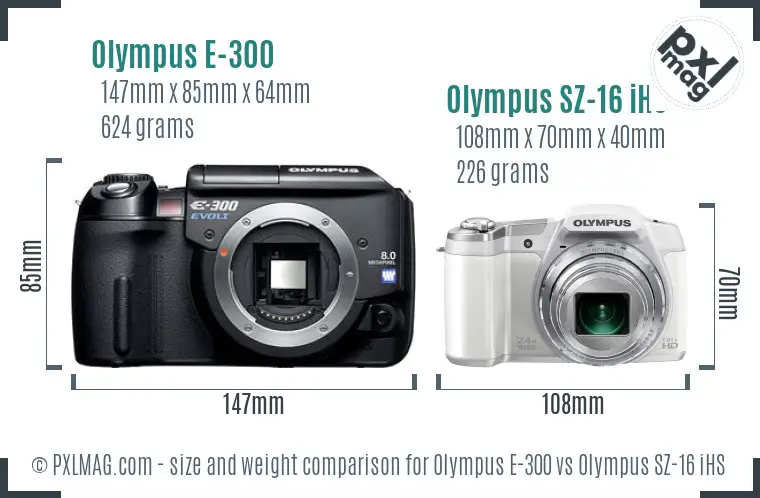 Olympus E-300 vs Olympus SZ-16 iHS size comparison