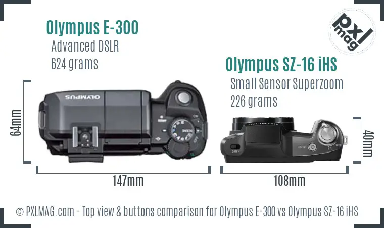 Olympus E-300 vs Olympus SZ-16 iHS top view buttons comparison