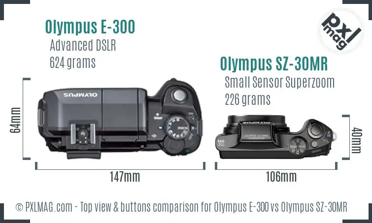 Olympus E-300 vs Olympus SZ-30MR top view buttons comparison