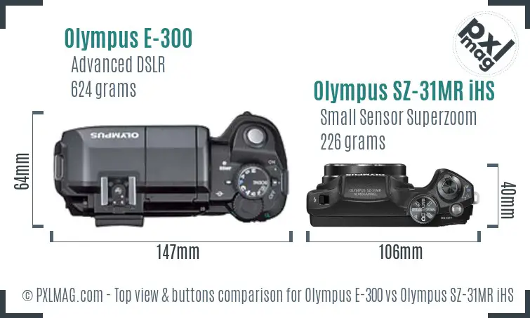 Olympus E-300 vs Olympus SZ-31MR iHS top view buttons comparison