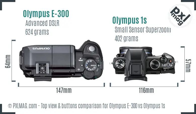 Olympus E-300 vs Olympus 1s top view buttons comparison