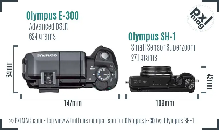 Olympus E-300 vs Olympus SH-1 top view buttons comparison
