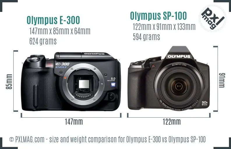 Olympus E-300 vs Olympus SP-100 size comparison