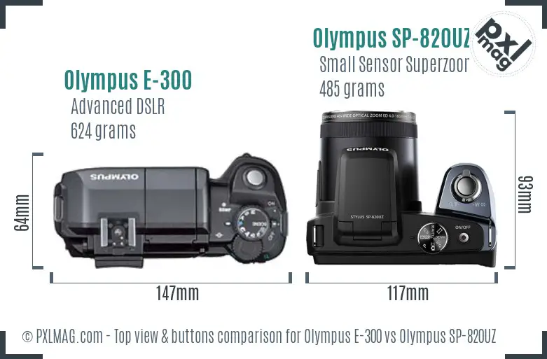 Olympus E-300 vs Olympus SP-820UZ top view buttons comparison