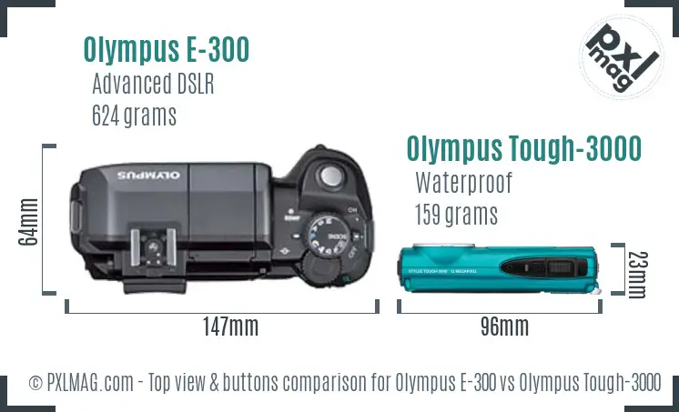 Olympus E-300 vs Olympus Tough-3000 top view buttons comparison
