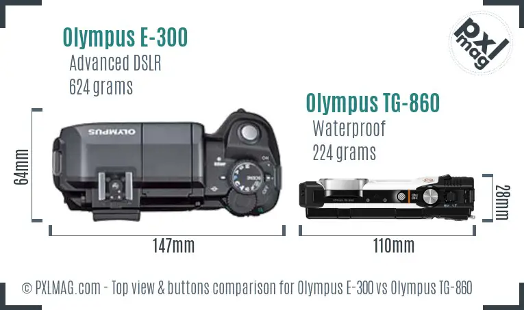 Olympus E-300 vs Olympus TG-860 top view buttons comparison
