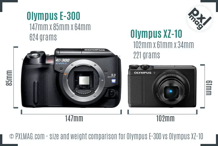 Olympus E-300 vs Olympus XZ-10 size comparison